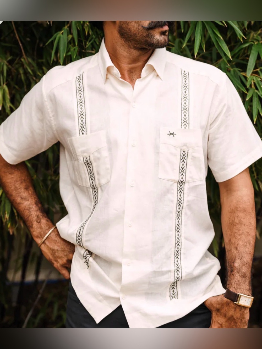Texas Standard Guayabera Button Down Ivory Linen Blend Embroidered Men’s Large